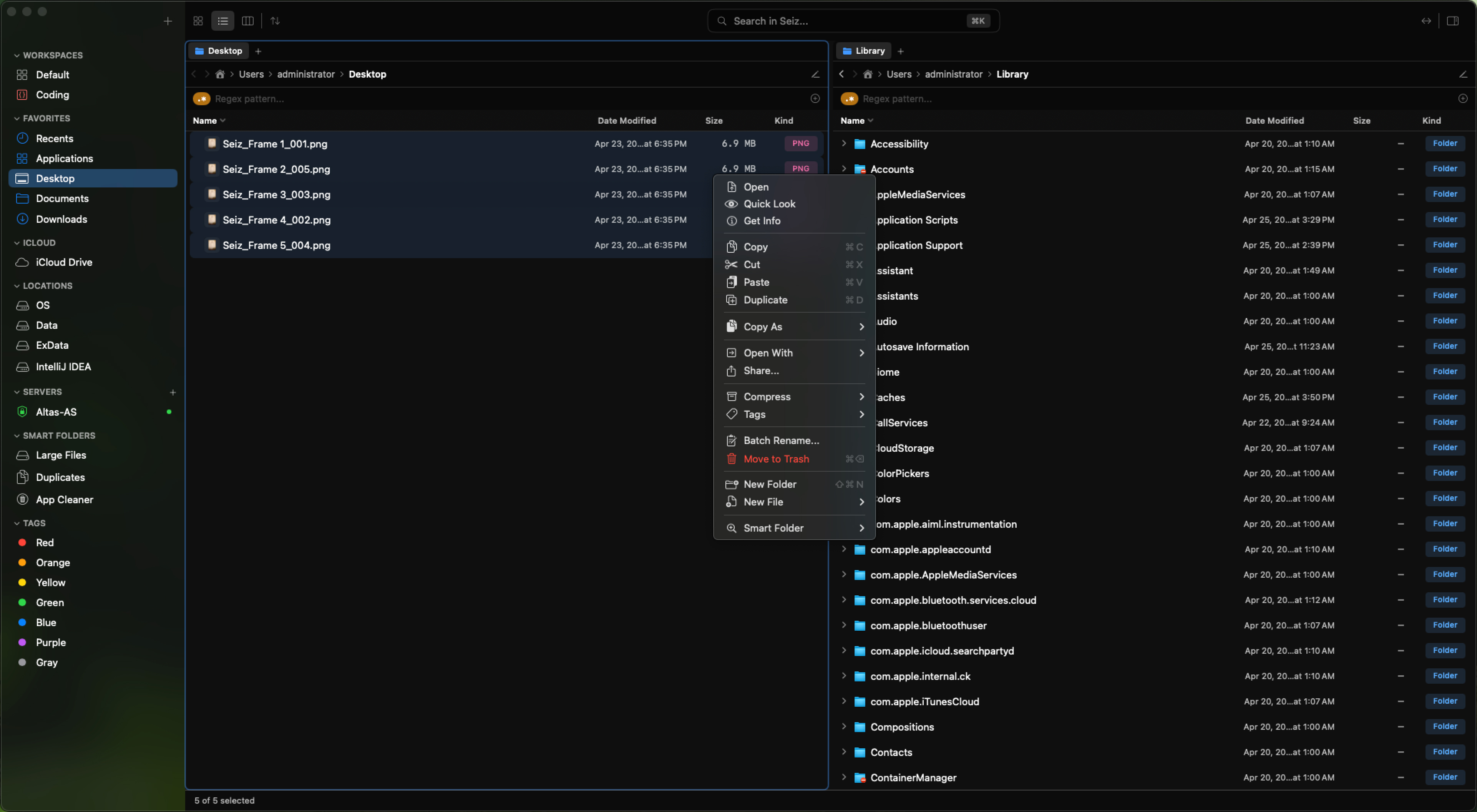 Seiz file manager — dual-pane view with right-click context menu showing file actions